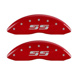 MGP Front set 2 Caliper Covers Engraved Front Silverado style/SS Red finish silver ch