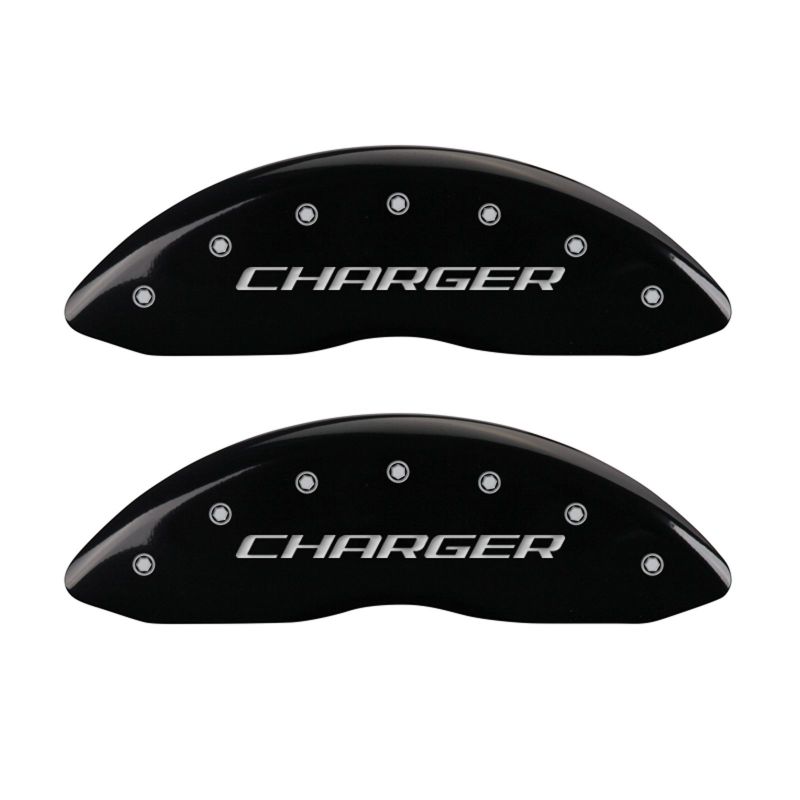 MGP 4 Caliper Covers Engraved Front Charger Rear RT Black Finish Silver Char 2016 Dodge Challenger