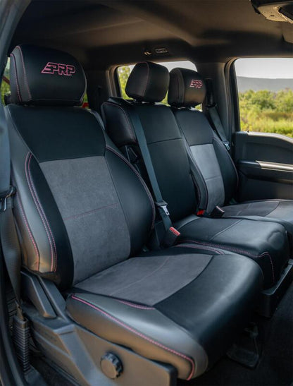 PRP 2021+ Ford 150/ 2023+ SuperDuty Front Seat Covers (Pair) - Black w/ Red Stich