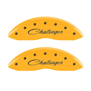 MGP 4 Caliper Covers Engraved Front & Rear Cursive/Challenger Yellow finish black ch
