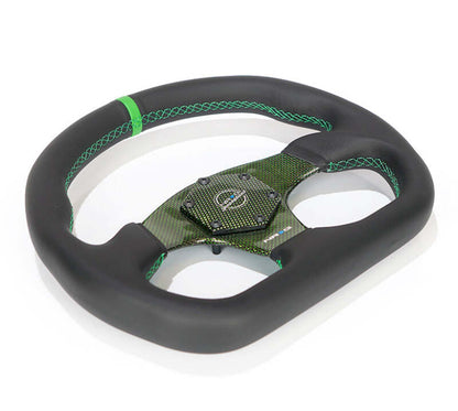NRG Carbon Fiber Flat Bottom Steering Wheel (320mm) Green CF Center w/Green Stitch/Center Mark