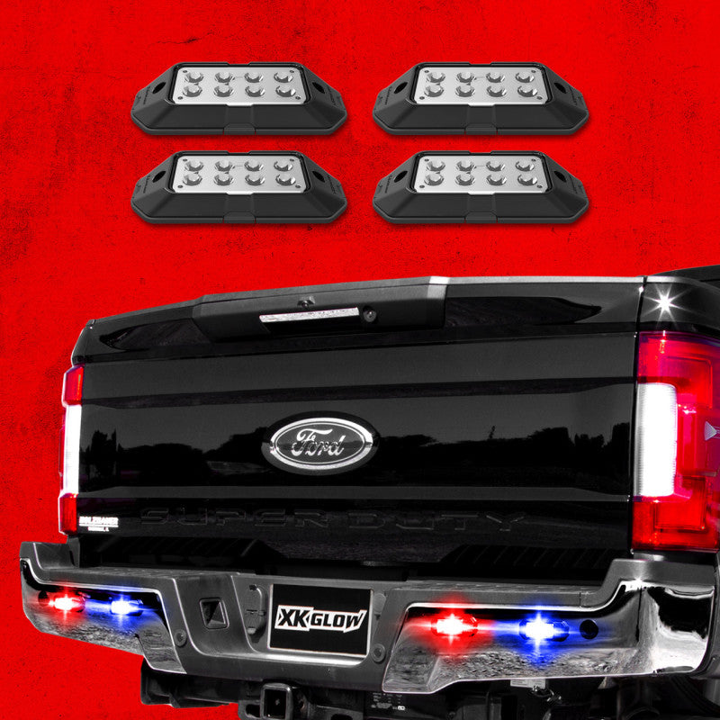 XK Glow Strobe Pod Lights w/ Traffic Modes Ultra LEDs Multiple Modes + Solid On - Red + Blue 4pc