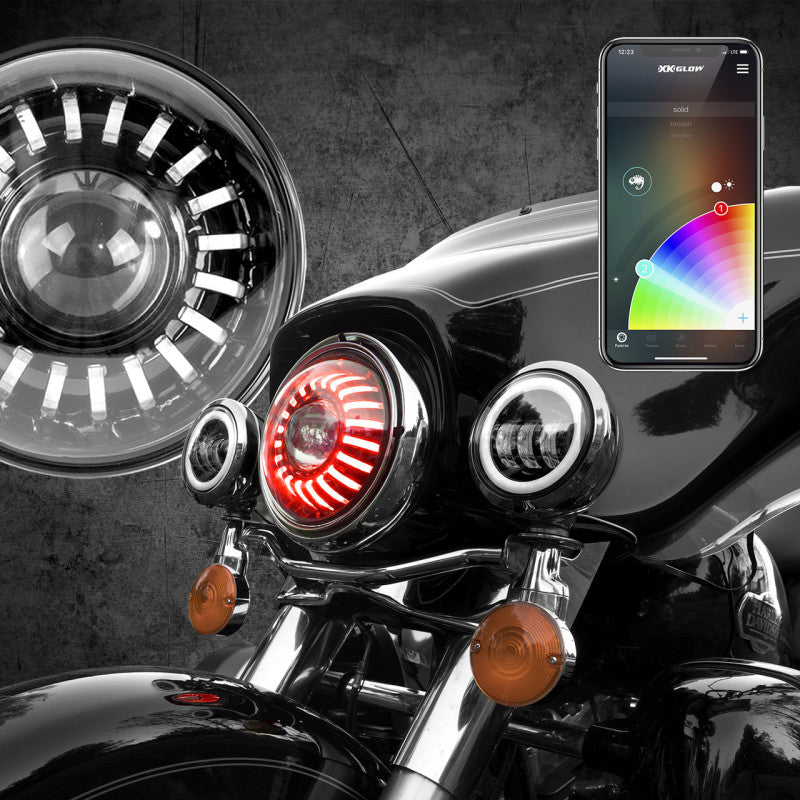XK Glow 7In RGB LED Harley Headlight XKchrome Bluetooth App Controlled Kit