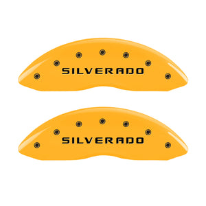 MGP Front set 2 Caliper Covers Engraved Front Silverado Yellow finish black ch