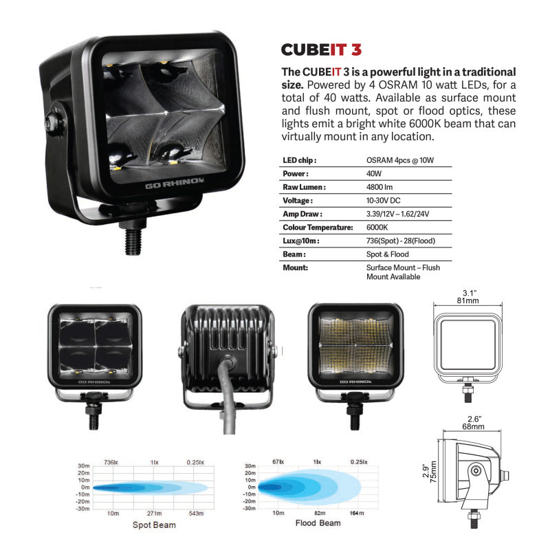 Go Rhino Xplor Blackout Series Cube LED Flood Light Kit (Flush Mount) 3x3 - Blk (Pair)