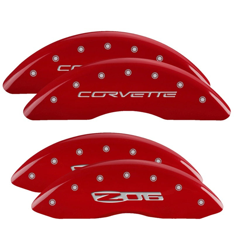 MGP 4 Caliper Covers Engraved Front C6/Corvette Engraved Rear C6/Z06 Red finish silver ch