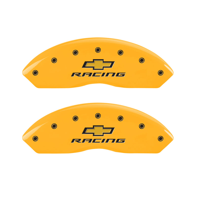 MGP 4 Caliper Covers Engraved Front & Rear Chevy Racing Yellow Power Coat Finish Black Characters