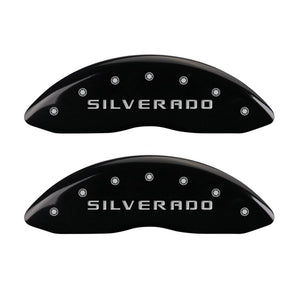 MGP Front set 2 Caliper Covers Engraved Front Silverado Black finish silver ch