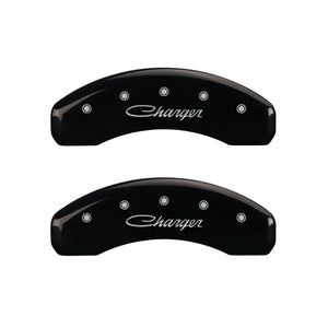 MGP 4 Caliper Covers Engraved Front & Rear Cursive/Charger Black finish silver ch