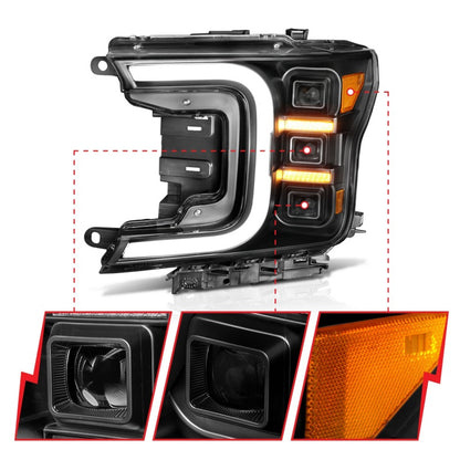 ANZO 18-20 Ford F-150 Full Led Projector Smoke Bar Style Headlights Black Amber