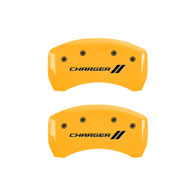 MGP 4 Caliper Covers Engraved Front & Rear With stripes/Charger Yellow finish black ch