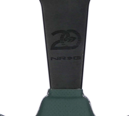 NRG Steering Wheel 1.5in Dish 350mm Black Perforated Leather - Emerald Stitching - Reinforced Spoke