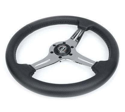 NRG Light Weight Gaming Steering Wheel - 350mm 3 Chrome Silver Spokes Perforated Leather