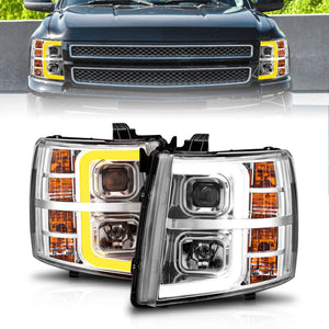 ANZO 2007-2013 Chevrolet Silverado 1500 Projector w/ Light Bar Chrome Housing w/ Sequential