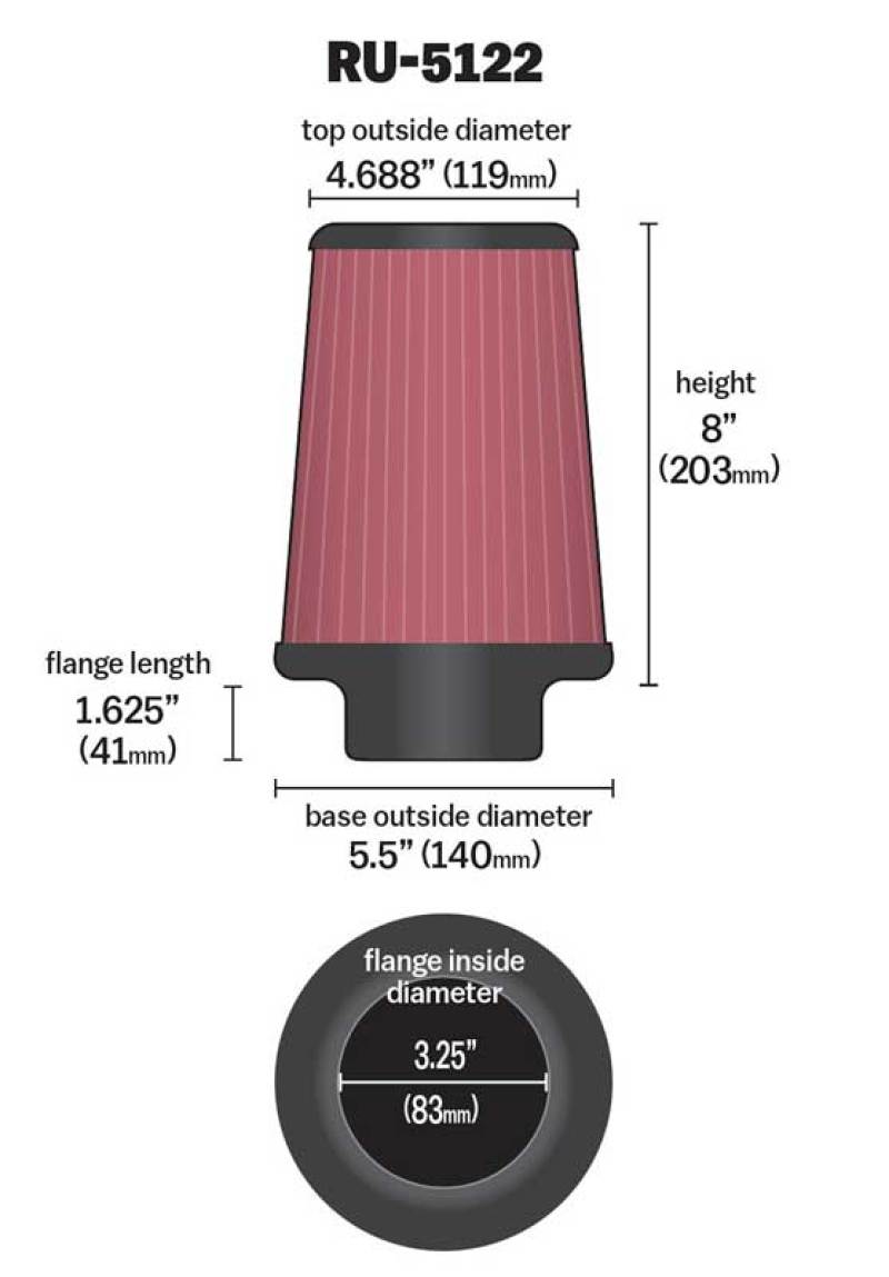 K&N Filter Universal Rubber Filter 3.25  Flange 5.5 Base 4.6875 Top 8 Height