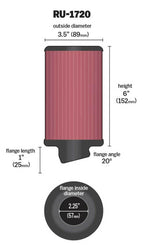 K&N Filter Universal Rubber Round Air Filter 20 Deg Flange Angle 2.25in Flange ID x 3.5in OD x 6in H