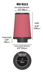 K&N Filter Universal Rubber Filter 3  Flange 4 1/2 Base inch 3 1/2 inch Top 5 3/4 inch Height