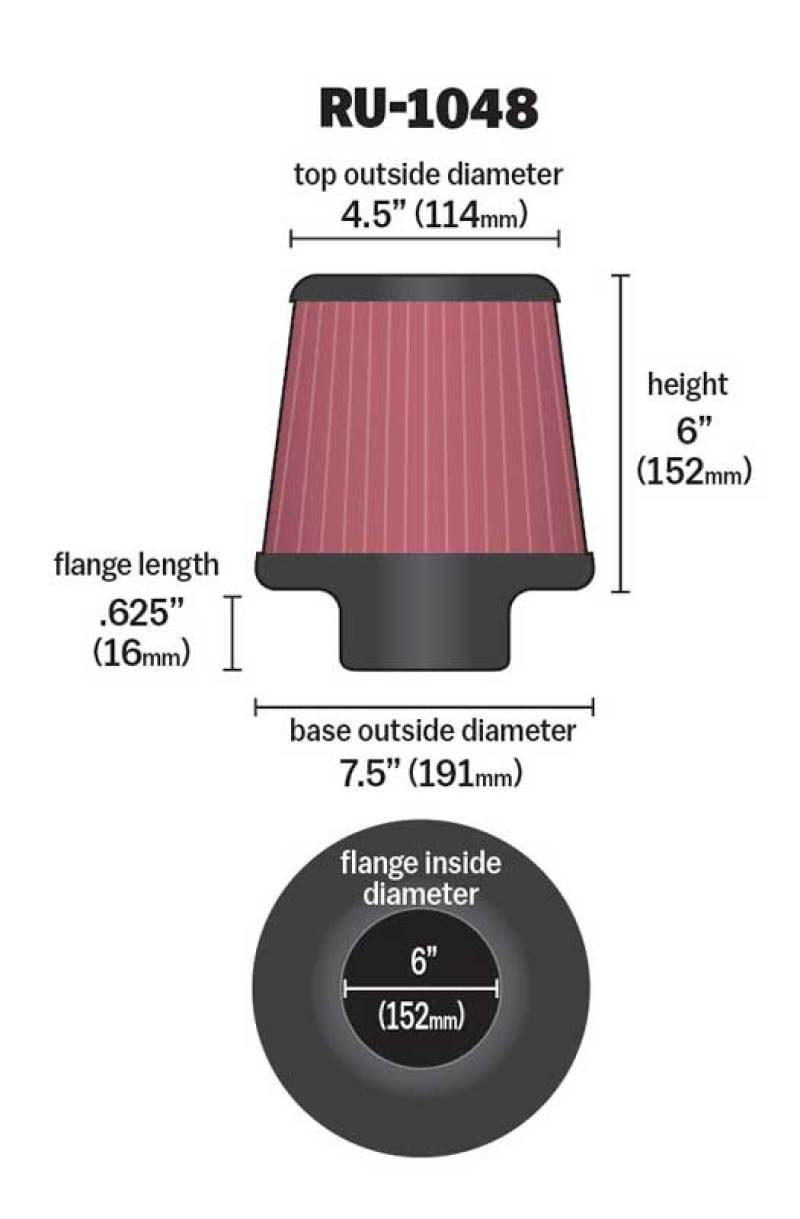 K&N Universal Clamp-On Air Filter 6in Flange / 7-1/2in Base / 4-1/2in Top / 6in Height