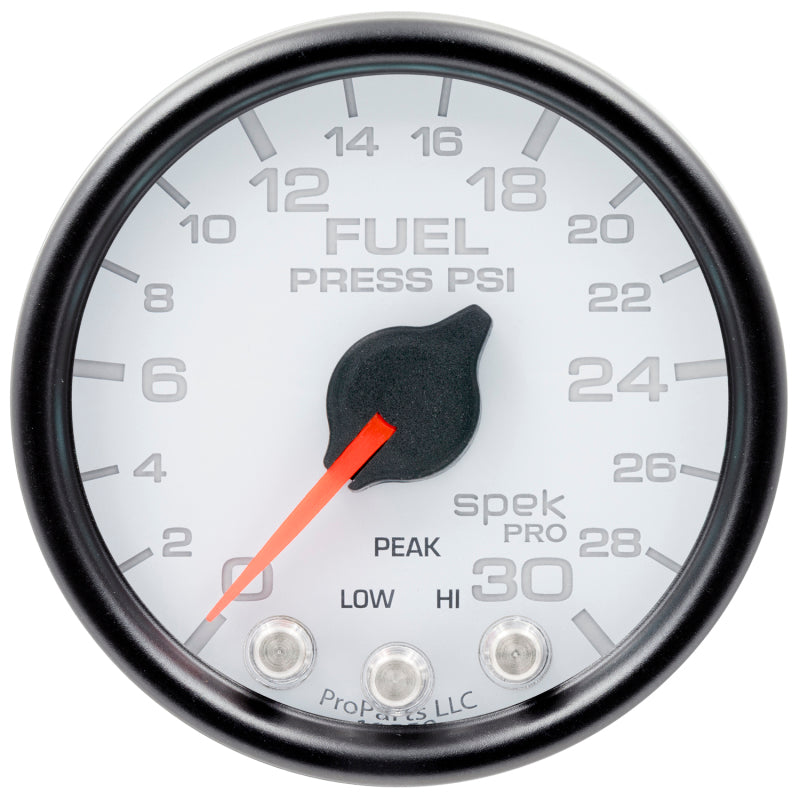 Autometer Spek-Pro Gauge Fuel Press 2 1/16in 30psi Stepper Motor W/Peak & Warn Wht/Blk