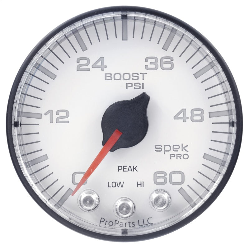 Autometer Spek-Pro Gauge Boost 2 1/16in 60psi Stepper Motor W/Peak & Warn Wht/Blk