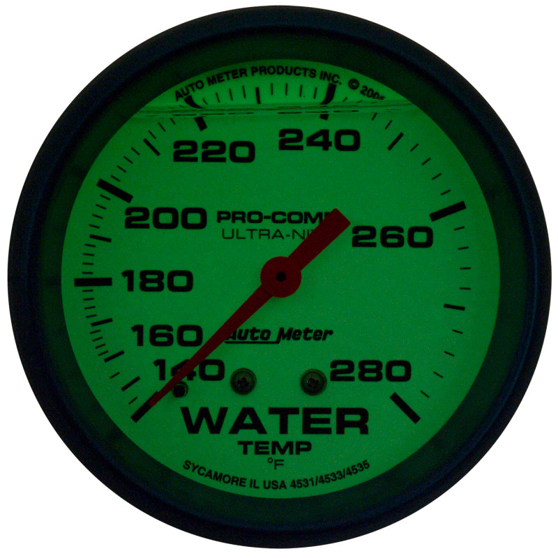 Autometer Ultra-Nite 2-5/8in 140-280 Degree Liquid Filled Mechanical Glow In Dark Water Temp Gauge