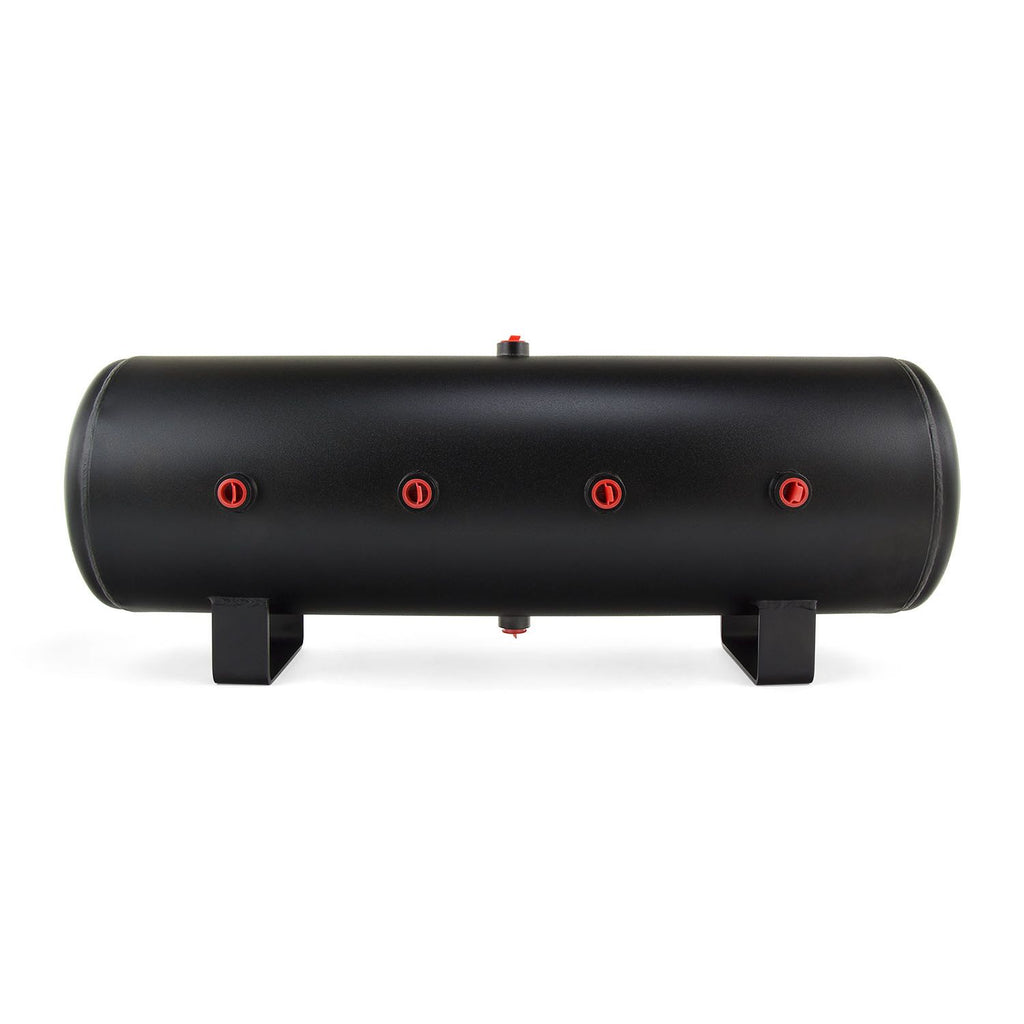 8.5 Gallon Air Tank; (8) 1/2 in.  ports; 12 1/2? H x 32 1/2? L ; Interior and exterior of this tank is powder coated black to resist rust; DOT Approved
