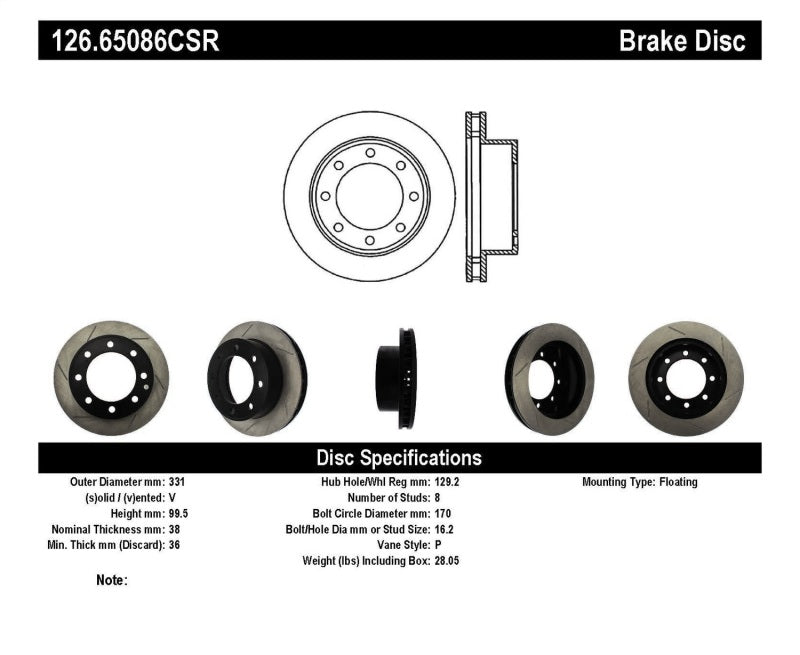 StopTech Power Slot 00-05 Ford Excursion / 99-04 F250/F350 Front Right Slotted CRYO Brake Rotor