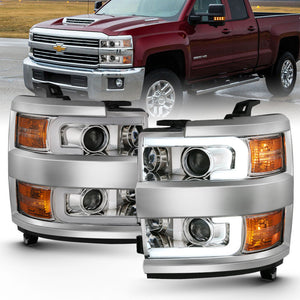 ANZO 2015-2016 Chevrolet Silverado Projector Headlights w/ Plank Style Design Chrome w/ Amber