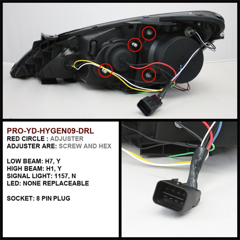 Spyder Hyundai Genesis 10-12 Projector Halogen Model- LED Halo DRL Blk PRO-YD-HYGEN09-DRL-BK