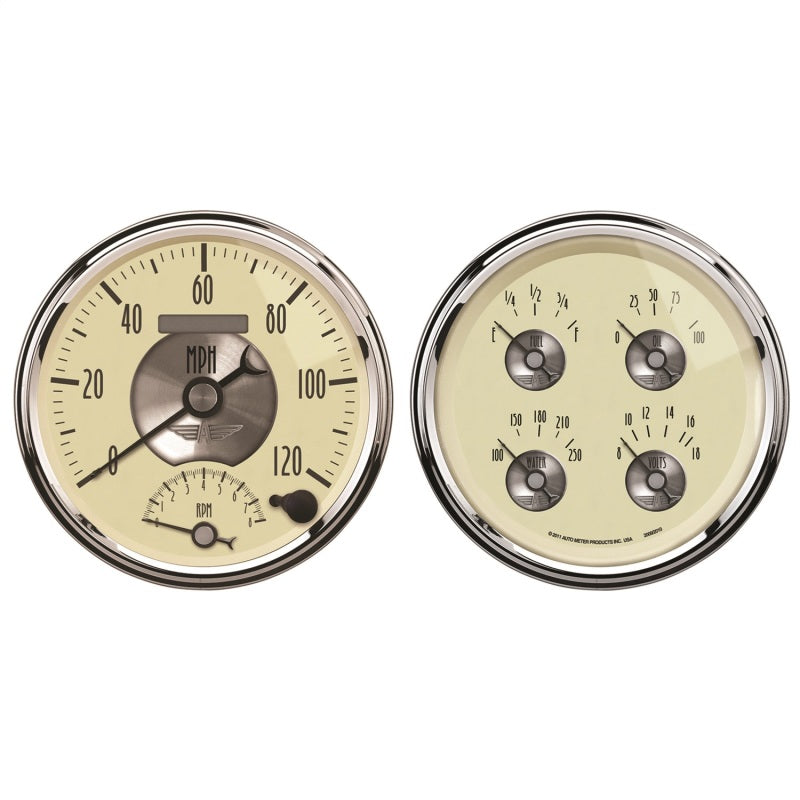 AutoMeter Gauge Kit 2 Pc. Quad & Tach/Speedo 5in. Prestige Antq. Ivory