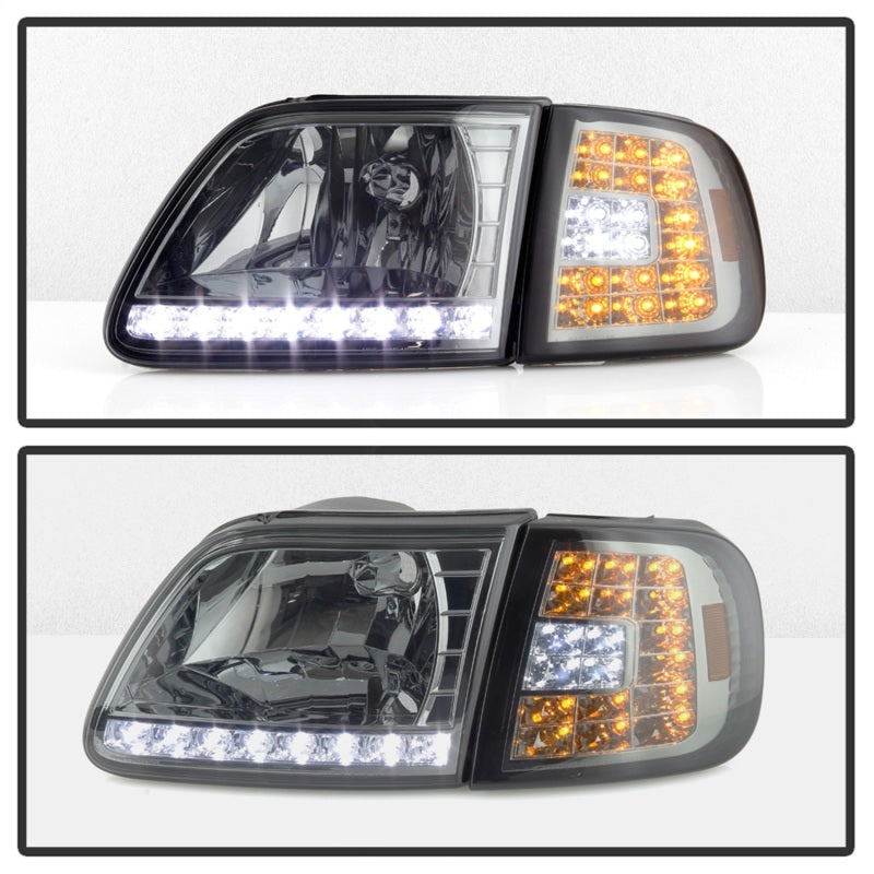 Xtune Ford F150 97-03 Crystal Headlights w/ Clear LED Corners Smoke HD-ON-FF15097-LED-SET-SM