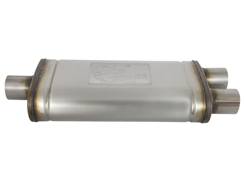 aFe MACHForce XP SS Muffler 2.5in Center Inlet / 2.5in Dual Outlets 18in L x 9in W x 4in H Body