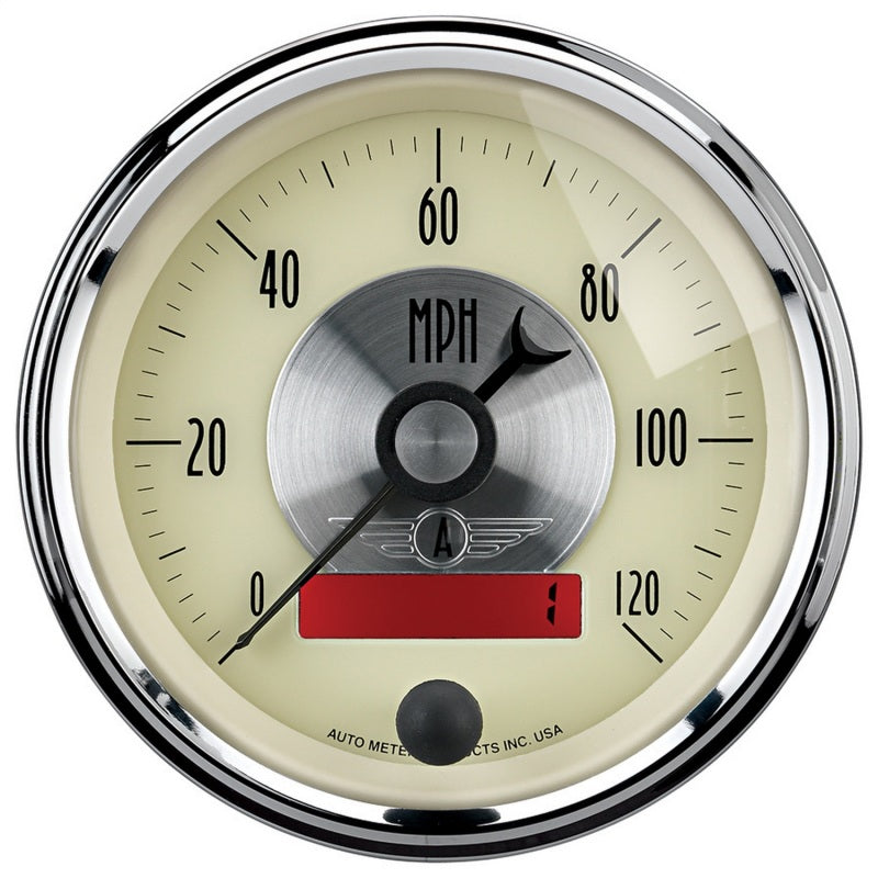 AutoMeter Gauge Speedo 3-3/8in. 120MPH Elec. Program W/Lcd Odo Prestige Antq. Ivory