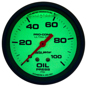 Autometer Ultra-Nite 2-5/8in 0-100 PSI Liquid Filled Mechanical Glow In Dark Oil Pressure Gauge