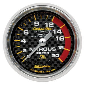 Autometer Carbon Fiber 52mm 1600 PSI Mechanical Nitrous Pressure Gauge