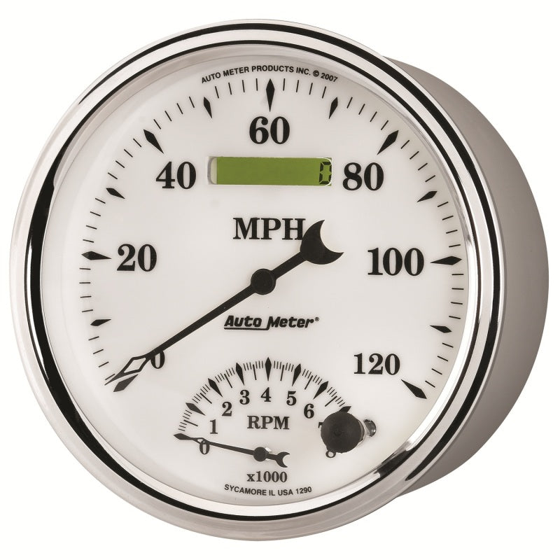 AutoMeter Gauge Tach/Speedo 5in. 120MPH & 8K RPM Elec. Program Old Tyme White II