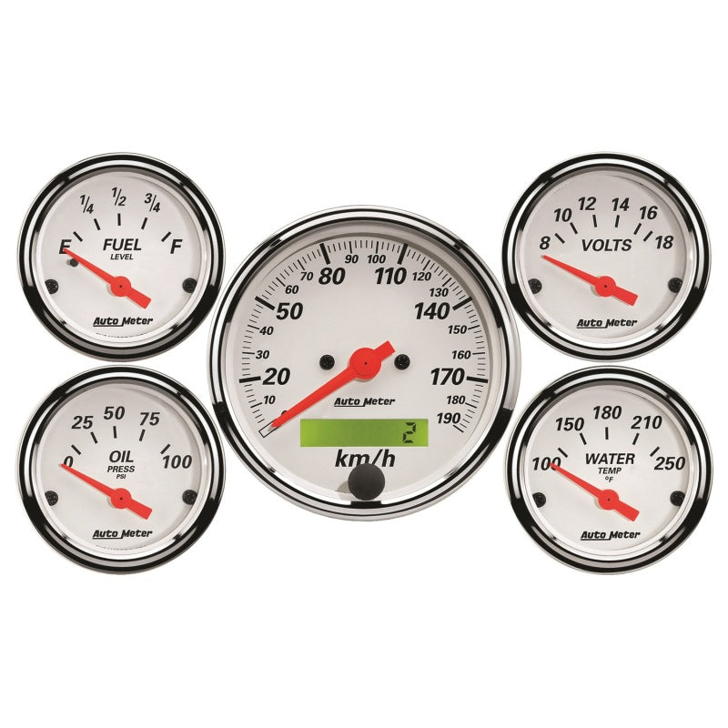 Autometer Arctic White 5 Pc Kit Box w/ Elec KMH Speedo, Elec Oil Press, Water Temp, Volt, Fuel Level