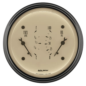 AutoMeter Gauge Dual Fuel & Oilp 3-3/8in. 0 Ohm(e) to 90 Ohm(f)& 100PSI Elec Antq Beige