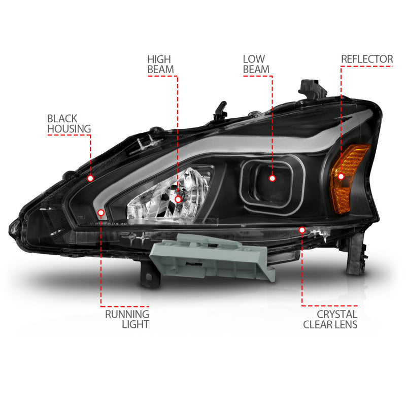 ANZO 13-15 Nissan Altima (w/o Factory HID Bulbs) Projector Headlights - w/ Light Bar Black Housing