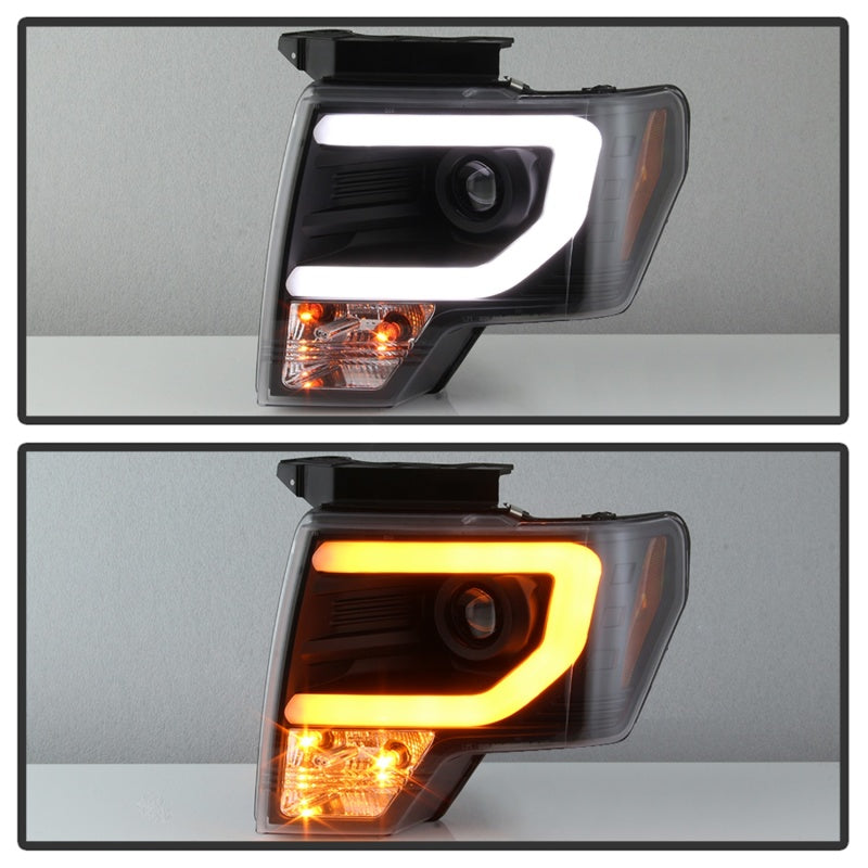 Spyder 09-14 Ford F-150 Projector Headlights - Halogen Model Light Bar - Blk PRO-YD-FF15009-SBLB-BK