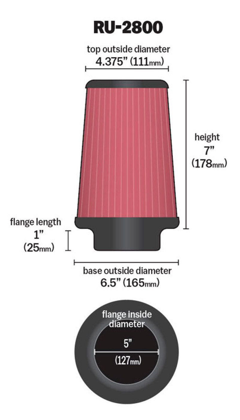 K&N Filter Universal Rubber Filter 5 inch Flange 6 1/2 inch Base 4 3/8 inch Top 7 inch Height