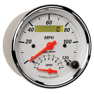 AutoMeter Gauge Tach/Speedo 3-3/8in. 120MPH & 8K RPM Elec. Program. Arctic White