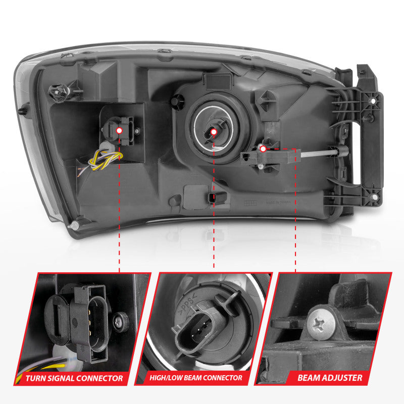 ANZO 06-09 Dodge RAM 1500/2500/3500 Headlights Chrome Housing/Clear Lens (w/ Light Bars)