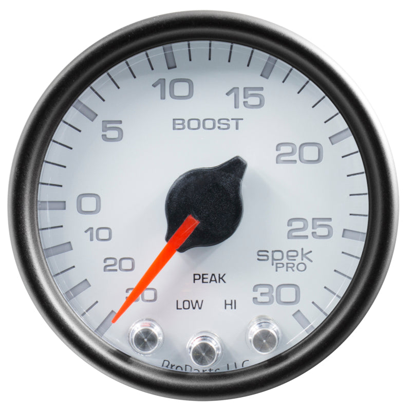 Autometer Spek-Pro Gauge Vac/Boost 2 1/16in 30Inhg-30psi Stepper Motor W/Peak & Warn White/Black