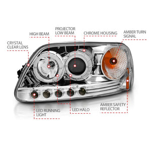 ANZO 1997.5-2003 Ford F-150 Projector Headlights w/ Halo and LED Chrome 1pc