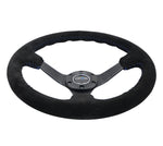 NRG Reinforced Steering Wheel (350mm / 3in. Deep) Blk Suede/Blue BBall Stitch w/5mm Matte Blk Spokes