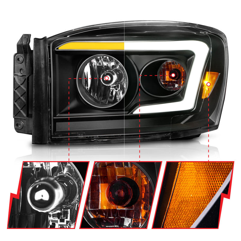 Anzo 06-09 Dodge RAM 1500/2500/3500 Headlights Black Housing/Clear Lens (w/Switchback Light Bars)