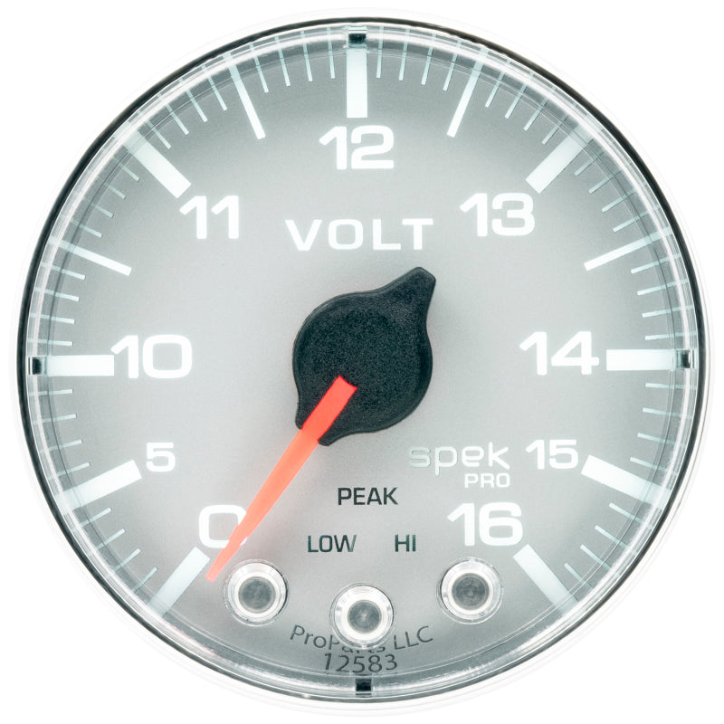 Autometer Spek-Pro Gauge Voltmeter 2 1/16in 16V Stepper Motor W/Peak & Warn Slvr/Chrm