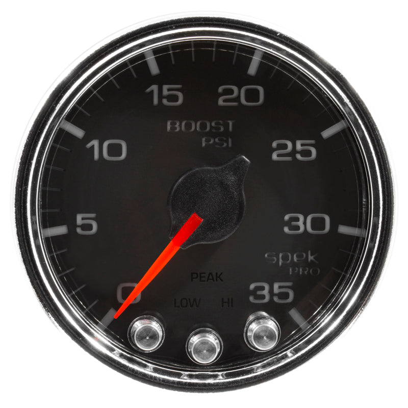 Autometer Spek-Pro Gauge Boost 2 1/16in 35psi Stepper Motor W/Peak & Warn Black/Chrome