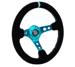 NRG Reinforced Steering Wheel (350mm/ 3in. Deep) Black Suede/ Teal Center Mark/ Teal Stitching